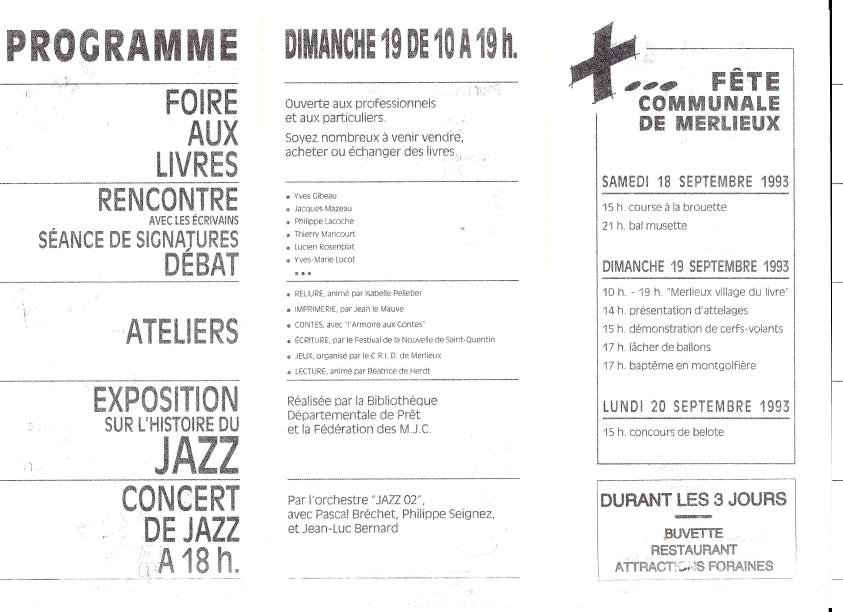 Programme Fête du Livre de Merlieux - 1993